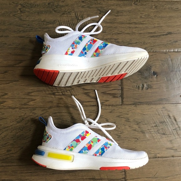 Adidas Cloudfoam Kids White Sneakers with Blue and Red Accents Sz 2.5 Like New - Picture 3 of 7